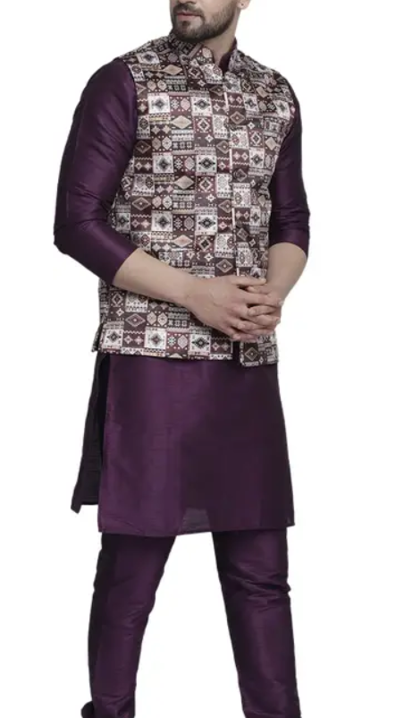 Men Pure Silk Kurta Pyjama Ethnic Jacket Set Complete