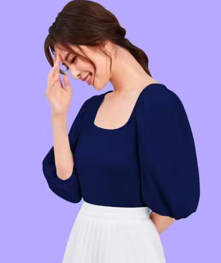 Bishop Sleeves Square Neck Polyester Blend Casual Navy Blue Top