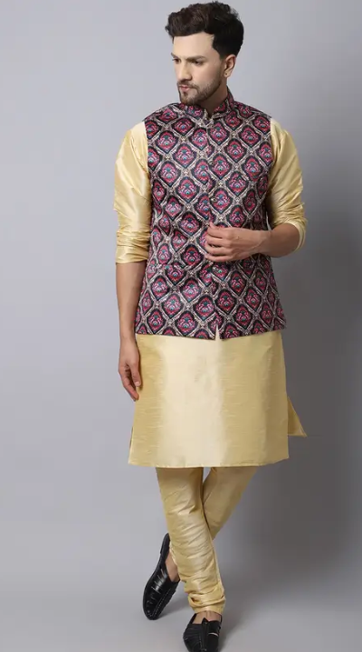 Men Silk Blend Kurta Pyjama Ethnic Jacket Set Trending Look