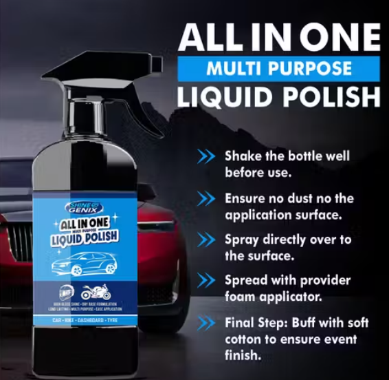 Shine Genix All-in-One Liquid Spray Polish for Car, Bike, Dashboard & Tyres with wipes – 250ml| car polish | car dashboard polish | mirror polish | polish | best car polish | liquid car polish | scratch remover car polish | car polish for shine
