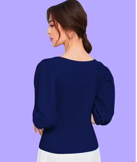 Bishop Sleeves Square Neck Polyester Blend Casual Navy Blue Top