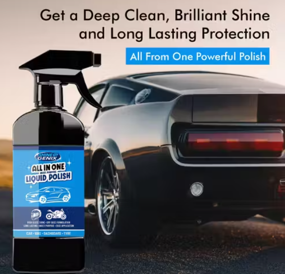 Shine Genix All-in-One Liquid Spray Polish for Car, Bike, Dashboard & Tyres with wipes – 250ml| car polish | car dashboard polish | mirror polish | polish | best car polish | liquid car polish | scratch remover car polish | car polish for shine