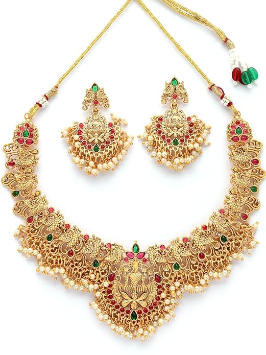 South Indian Traditional Stylish Gold Plated with Beaded Studded Choker Necklace with Dangle Earring Jewellery Set for Women & Girls