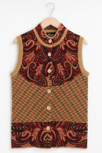 Women’s Camel Sleeveless High Neck Woolen Cardigan | Floral Jacquard & Geometric Knit |