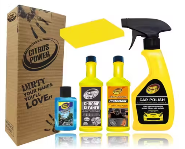 CITRUS POWER Complete Car & Bike Cleaning Interior and Exterior Care Kit / Car Polish / All In One Shiner (Protectant) / Chrome Cleaner (Rust Remover) / Windshield Cleaner Wiper Fluid / Sponge (Car Care Combo)