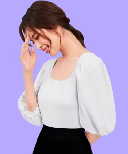 Bishop Sleeves Square Neck Polyester Blend Casual White Top