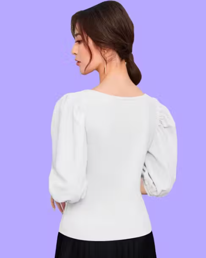 Bishop Sleeves Square Neck Polyester Blend Casual White Top