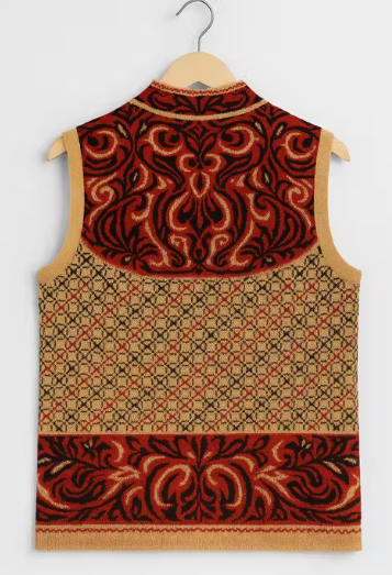 Women’s Camel Sleeveless High Neck Woolen Cardigan | Floral Jacquard & Geometric Knit |