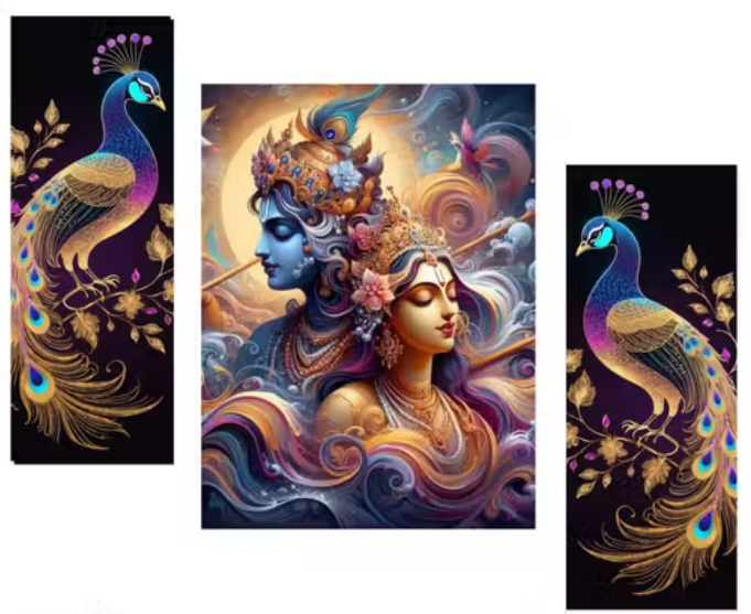 Wooden Radha Krishna wall Paintings /Art decoration item for Living room / Bedroom /Home Decor /Restaurant decor / Cafe decor /Gifts /Hotel Decor Item/Wall Art For Hall/Wall Decoration /Religious Wall Painting Set of 3 (12 inch x 18 inch)