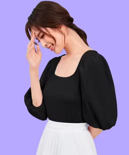 Bishop Sleeves Square Neck Polyester Blend Casual Black Top