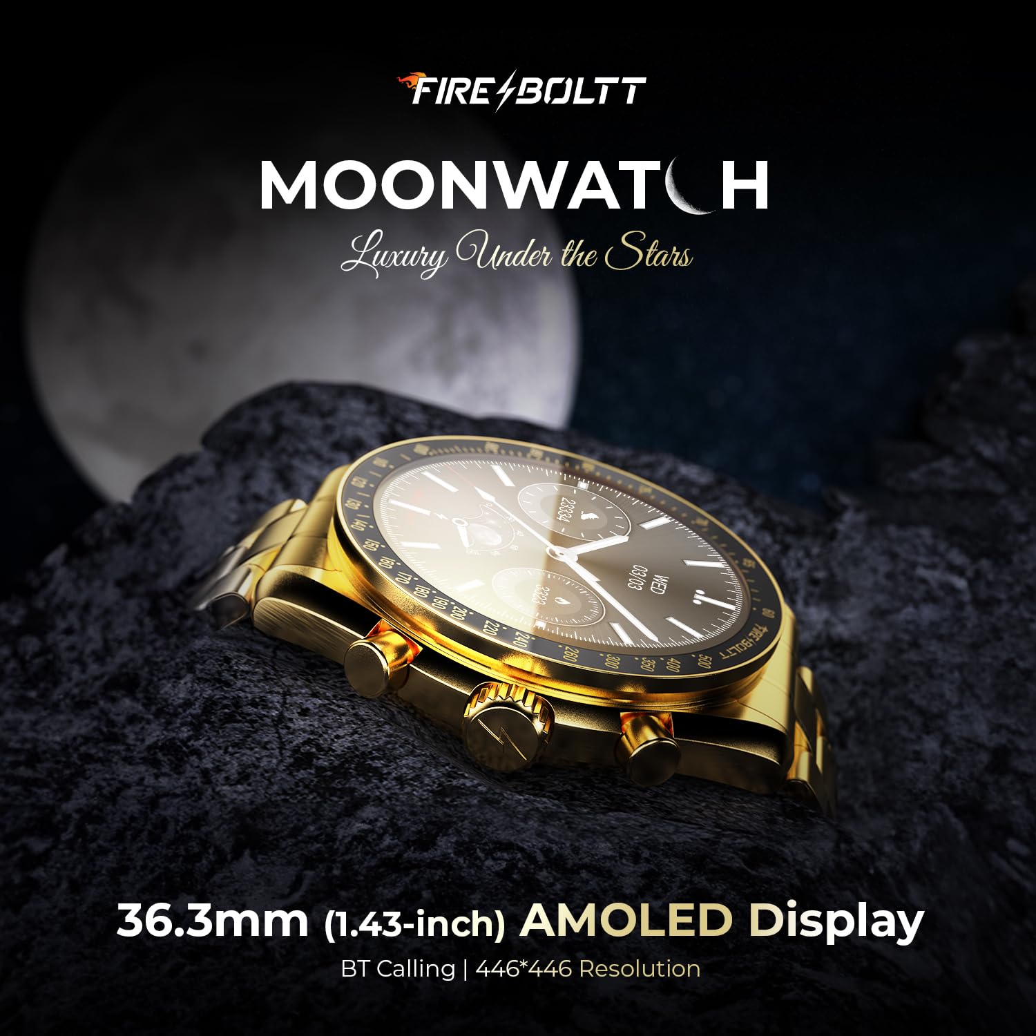 Fire-Boltt Moonwatch 36.3mm (1.43 inch) AMOLED Display, Wireless Charging, Metallic Frame, Stainless Steel Luxury Straps, Complete Health Suite, Bluetooth Calling, Sports Modes (Gold)