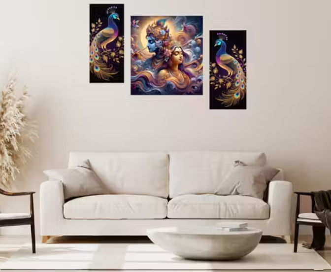 Wooden Radha Krishna wall Paintings /Art decoration item for Living room / Bedroom /Home Decor /Restaurant decor / Cafe decor /Gifts /Hotel Decor Item/Wall Art For Hall/Wall Decoration /Religious Wall Painting Set of 3 (12 inch x 18 inch)