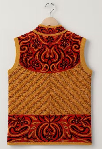 Women’s Yellow Sleeveless High Neck Woolen Cardigan | Floral Jacquard & Geometric Knit | Trendy Winter Sweater