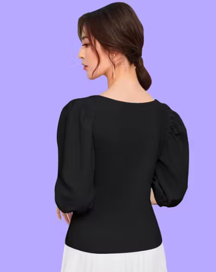 Bishop Sleeves Square Neck Polyester Blend Casual Black Top
