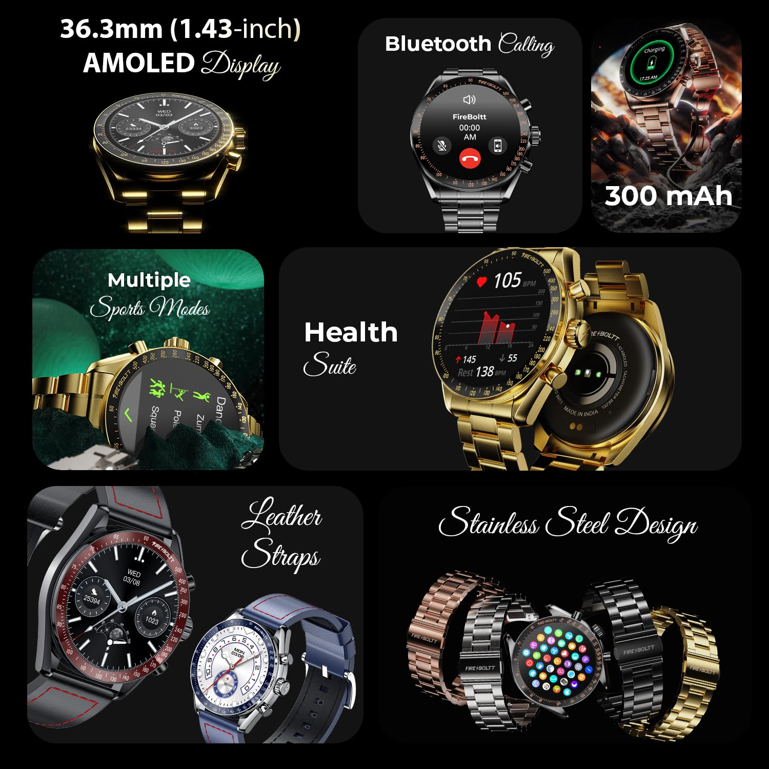 Fire-Boltt Moonwatch 36.3mm (1.43 inch) AMOLED Display, Wireless Charging, Metallic Frame, Stainless Steel Luxury Straps, Complete Health Suite, Bluetooth Calling, Sports Modes (Gold)