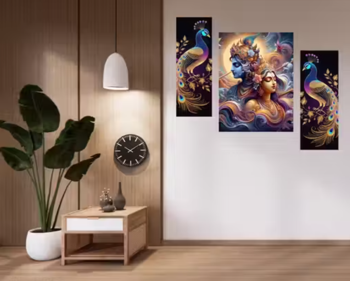 Wooden Radha Krishna wall Paintings /Art decoration item for Living room / Bedroom /Home Decor /Restaurant decor / Cafe decor /Gifts /Hotel Decor Item/Wall Art For Hall/Wall Decoration /Religious Wall Painting Set of 3 (12 inch x 18 inch)