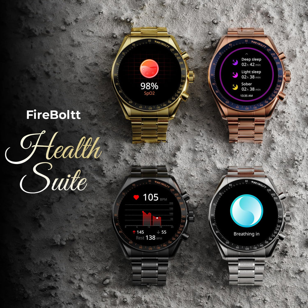 Fire-Boltt Moonwatch 36.3mm (1.43 inch) AMOLED Display, Wireless Charging, Metallic Frame, Stainless Steel Luxury Straps, Complete Health Suite, Bluetooth Calling, Sports Modes (Gold)