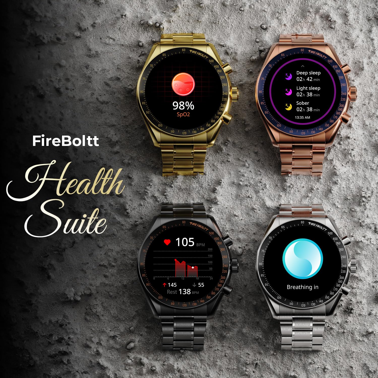Fire-Boltt Moonwatch 36.3mm (1.43 inch) AMOLED Display, Wireless Charging, Metallic Frame, Stainless Steel Luxury Straps, Complete Health Suite, Bluetooth Calling, Sports Modes (Gold)