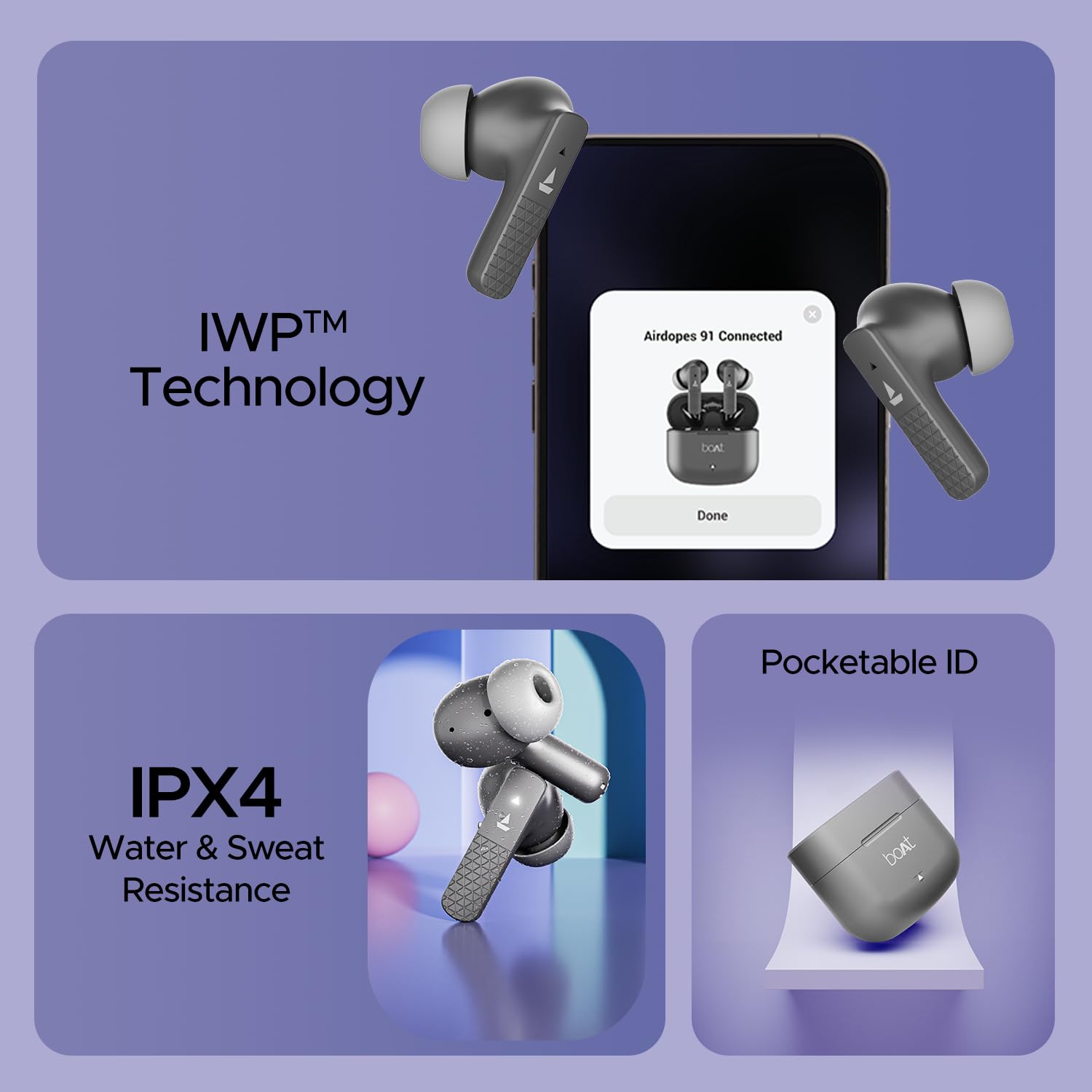 boAt Airdopes 91, 45HRS Battery, 50ms Low Latency, ENx Tech, Fast Charge, IPX4, IWP Tech, v5.3 Bluetooth Earbuds, TWS Ear Buds Wireless Earphones with mic (Mist Grey)