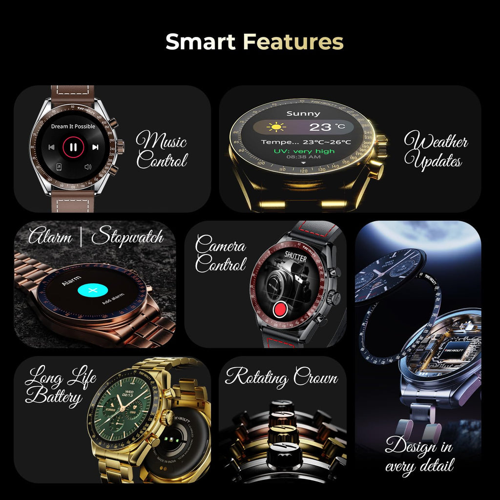 Fire-Boltt Moonwatch 36.3mm (1.43 inch) AMOLED Display, Wireless Charging, Metallic Frame, Stainless Steel Luxury Straps, Complete Health Suite, Bluetooth Calling, Sports Modes (Gold)