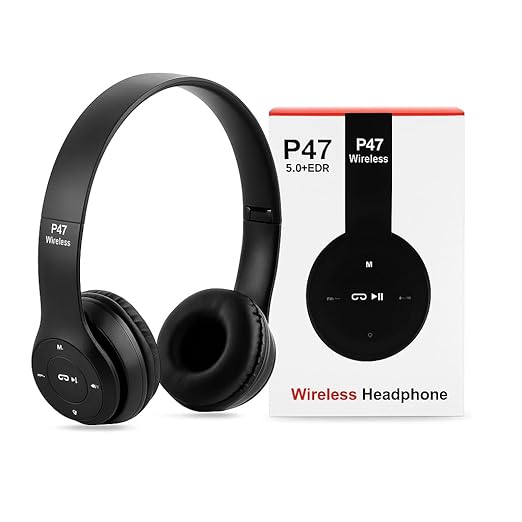 P47 Wireless Bluetooth Headphones, Deep Bass Sound, Foldable Design with Built-in Mic, Black