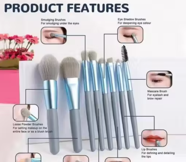 Premium 8 pcs professional makeup brush waterproof washable multicolour soft brisstles eye and face makeup brushes set