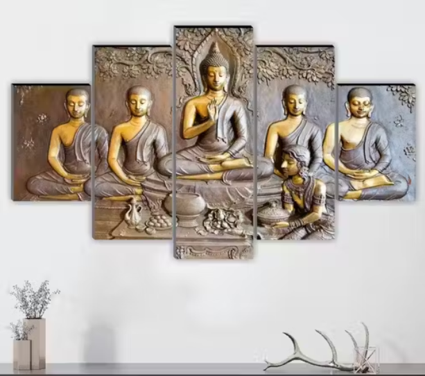 Set of 5 Buddha Religious modern art Home decorative gift item Large Panel Painting 18 Inch x 30 inch