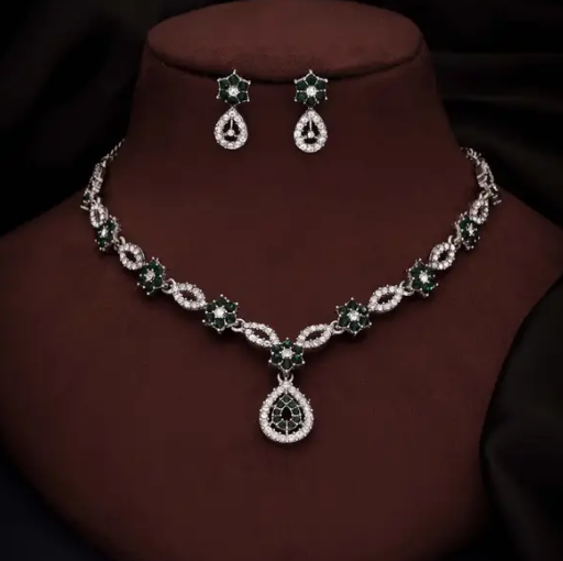 Brass Gold-plated Silver, White, Green Jewel Set  (Pack of 1)