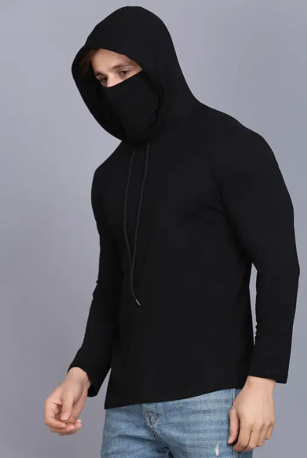 Men Typography Hooded Neck Cotton Blend Black T-Shirt