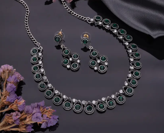 Brass Gold-plated Silver, White, Green Jewel Set  (Pack of 1)