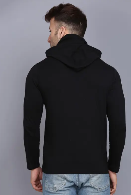 Men Typography Hooded Neck Cotton Blend Black T-Shirt