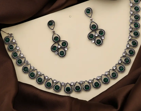 Brass Gold-plated Silver, White, Green Jewel Set  (Pack of 1)