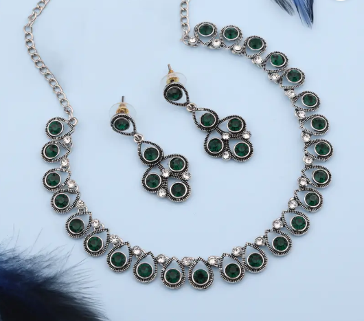 Brass Gold-plated Silver, White, Green Jewel Set  (Pack of 1)