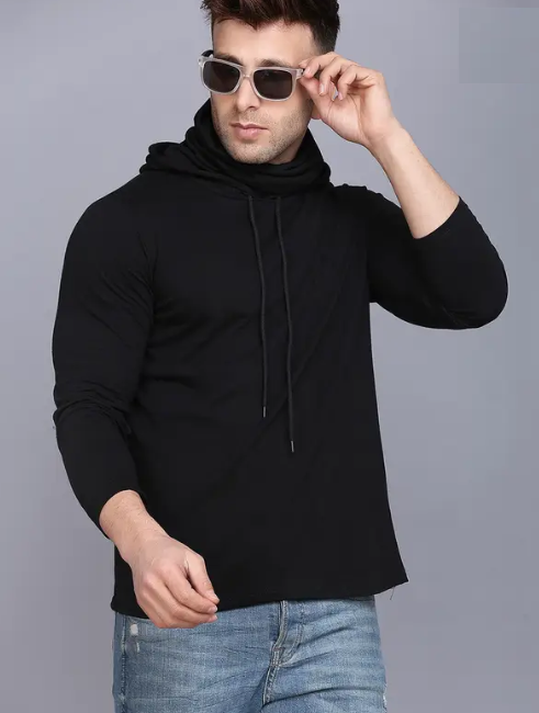 Men Typography Hooded Neck Cotton Blend Black T-Shirt