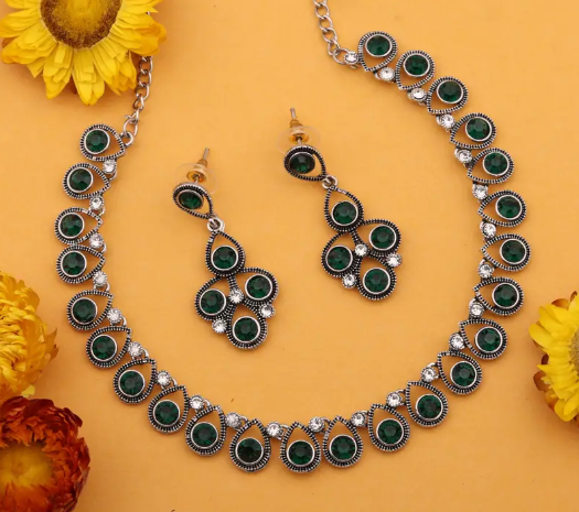 Brass Gold-plated Silver, White, Green Jewel Set  (Pack of 1)