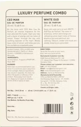 Bella Vita Luxury CEO Man 20 ml + White Oud Unisex 20 ml Perfume Gift Combo Pack for Men and Women (Pack of 2)