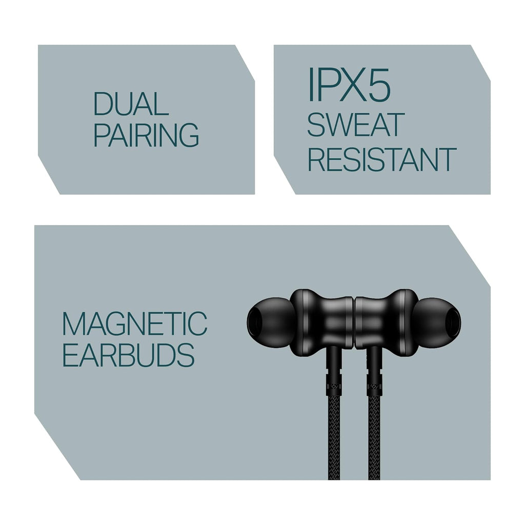 boAt 2025 Launch Rockerz 112, 40H Battery, Dual Pair, Fast Charge, ENx Tech, Stream Ad Free Music via App Support, Magnetic Buds, Bluetooth Neckband, Wireless with Mic in Ear Earphones (Active Black)