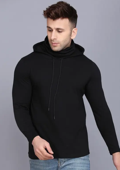 Men Typography Hooded Neck Cotton Blend Black T-Shirt