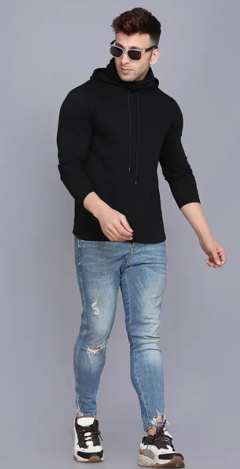 Men Typography Hooded Neck Cotton Blend Black T-Shirt
