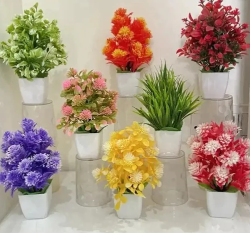 Wild Artificial Plant with Pot Set Of 8 Mini/Small Artificial Plants (15 cm, Multicolour)