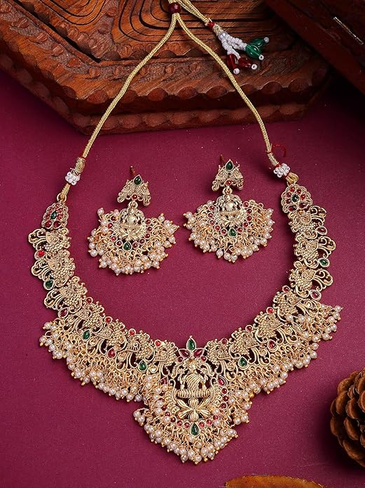 South Indian Traditional Stylish Gold Plated with Beaded Studded Choker Necklace with Dangle Earring Jewellery Set for Women & Girls