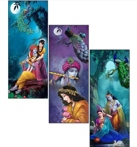 Blue Art Gallary Set Of 3 Radha Krishna Wall Painting With UV Print For Home Decoration , Living Room Office , Hotel Multicolor