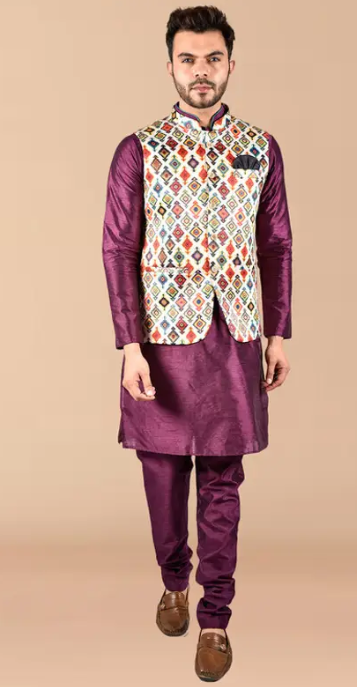Men Silk Blend, Cotton Blend Kurta Pyjama Ethnic Jacket Set