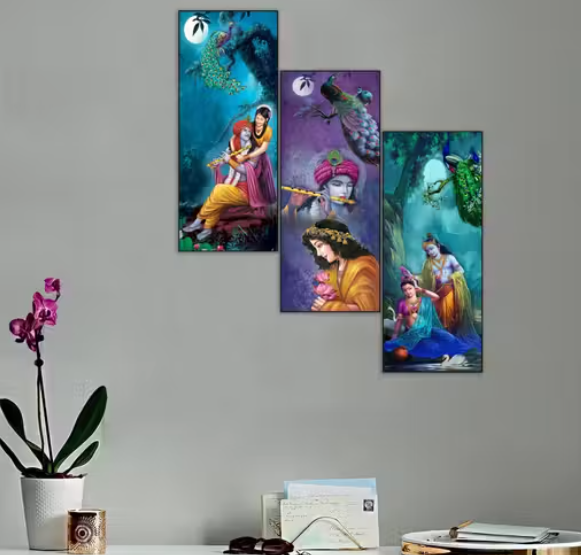 Blue Art Gallary Set Of 3 Radha Krishna Wall Painting With UV Print For Home Decoration , Living Room Office , Hotel Multicolor