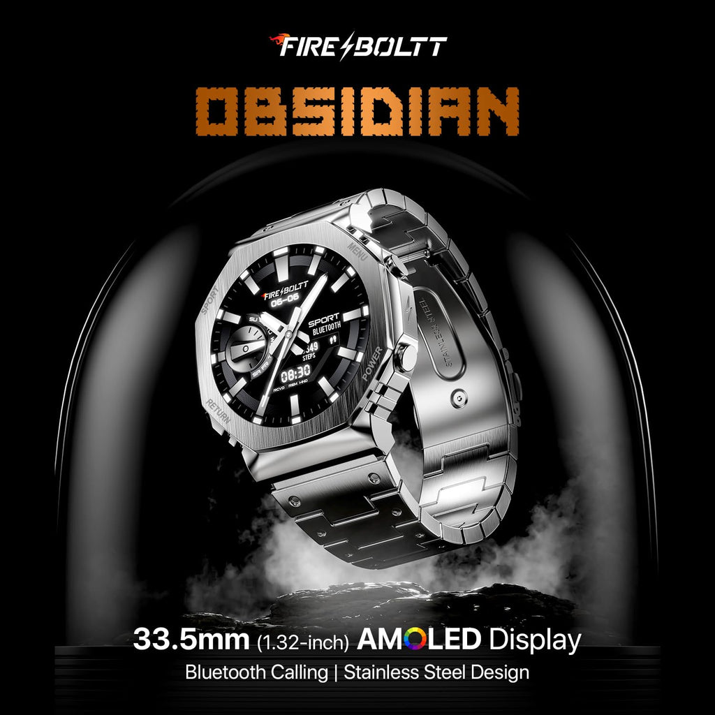 Boltt Obsidian 33.5mm (1.32 inch) AMOLED Display, Stainless Steel Design, 466 * 466 px Resolution, Bluetooth Calling, Multiple Sports Modes, Health Mode, IP67, Weather Updates