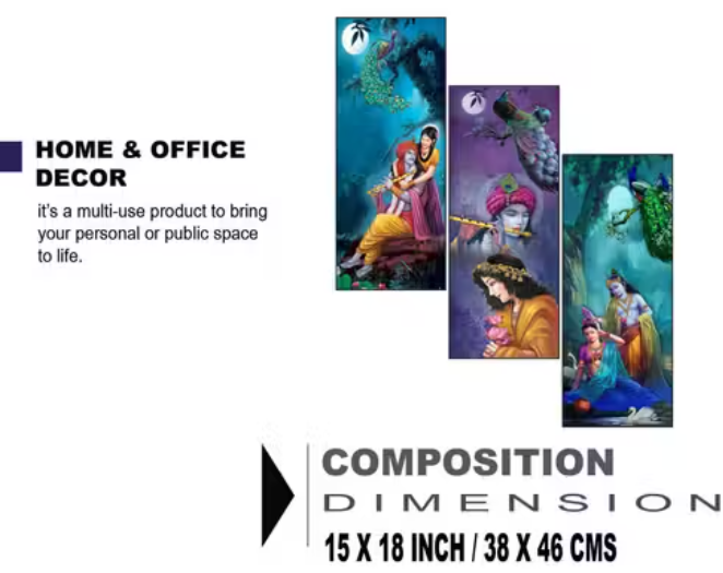 Blue Art Gallary Set Of 3 Radha Krishna Wall Painting With UV Print For Home Decoration , Living Room Office , Hotel Multicolor