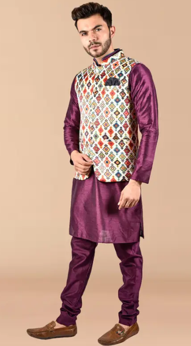 Men Silk Blend, Cotton Blend Kurta Pyjama Ethnic Jacket Set