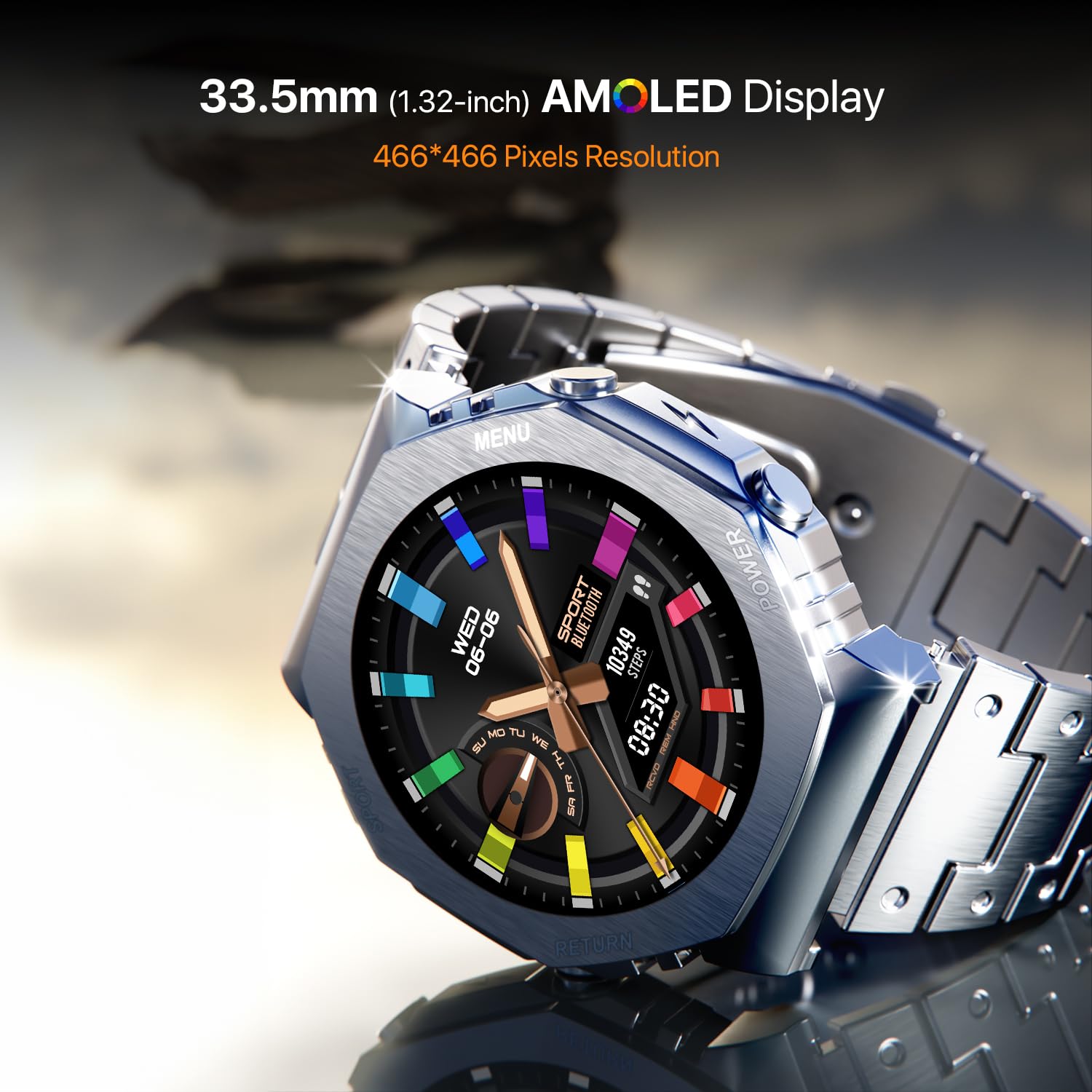 Boltt Obsidian 33.5mm (1.32 inch) AMOLED Display, Stainless Steel Design, 466 * 466 px Resolution, Bluetooth Calling, Multiple Sports Modes, Health Mode, IP67, Weather Updates