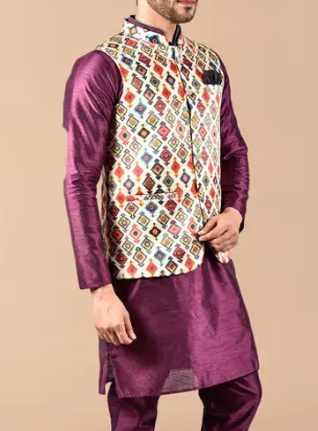 Men Silk Blend, Cotton Blend Kurta Pyjama Ethnic Jacket Set