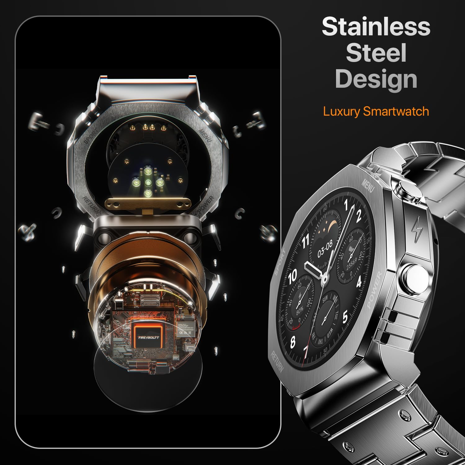 Boltt Obsidian 33.5mm (1.32 inch) AMOLED Display, Stainless Steel Design, 466 * 466 px Resolution, Bluetooth Calling, Multiple Sports Modes, Health Mode, IP67, Weather Updates